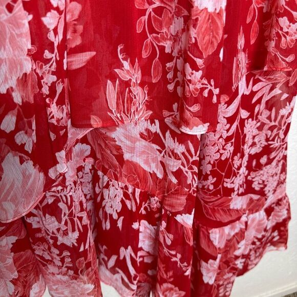 INC Red & Pink Asymmetrical Hem Ruffled Midi Dress Sz 12, Soft Girl, Ethereal - Picture 7 of 15